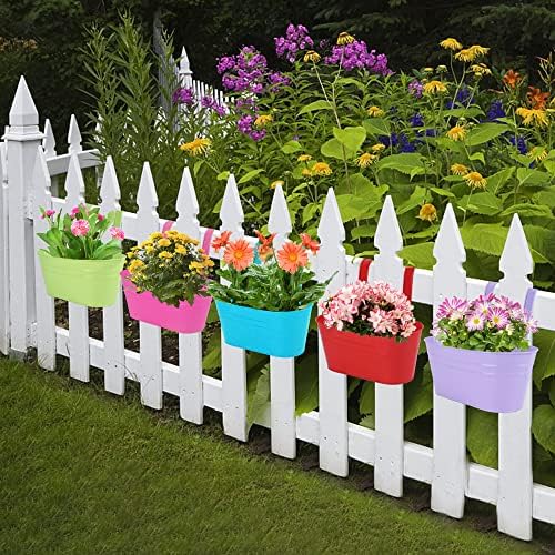 Glory Island 5 Pcs Hanging Flower Pot, Metal Iron Bucket Fence Hanging Planters for Outdoor Plants, Planter Box with Detachable Hooks for Railing Balcony Garden Yard