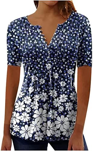 Ticcoy Summer Casual T Shirt for Women V izrez button Pleated Tunic Shirts Colorful Floral Print kratke