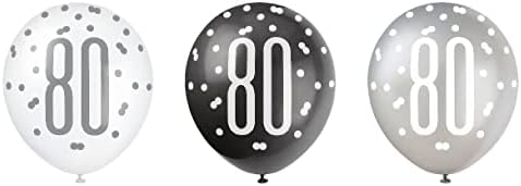 Jedinstvena zabava 83390 točkica 80. rođendan baloni za lateks, 12 | asortirani | 6 kom, crni, starosti 80