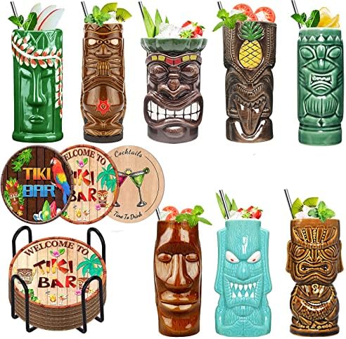 Tiki krigle set od 8 - keramičke havajske partijske torbe plus podmetačima pića sa držačem