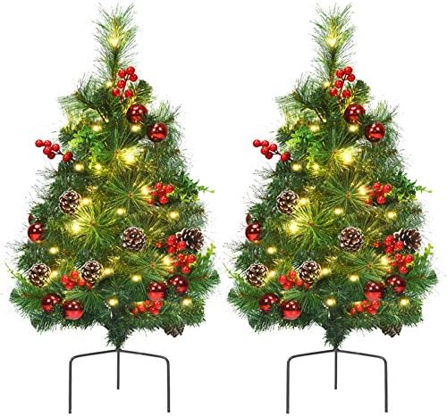 BestComfort 24 inčni staza božićnog stabla od 2, mini božićna stabla sa baterije W / 30 LED svjetla, 8 treperi, bobica, borovi i ukrasi, pred-lit Xmas stablo za travnjak, dvorište