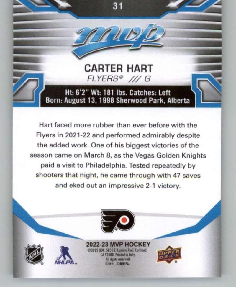 2022-23 Gornja paluba MVP 31 Carter Hart Philadelphia Flyers NHL hokejaška trgovačka kartica