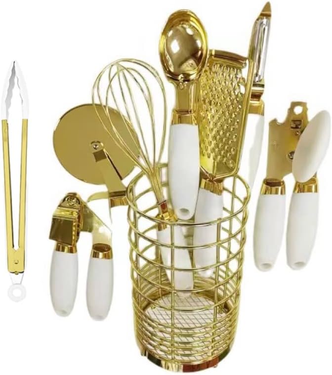 Bijeli Silikonski i zlatni set posuđa za kuvanje sa držačem-9 kom / Zlatna kuhinja / set posuđa kuhinjski