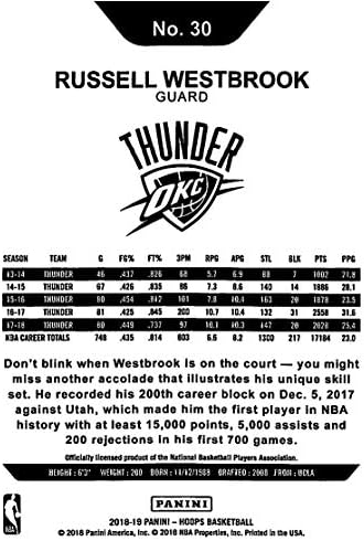 2018-19 Panini Hoops 30 Russell Westbrook Oklahoma City Thunder NBA košarkaška trgovačka kartica
