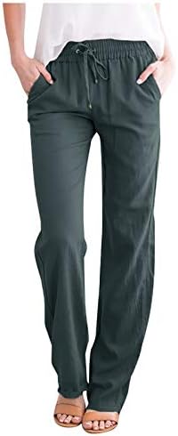 Ženske lanene pantalone letnje ravne pantalone sa širokim nogavicama sa vezicama sa visokim strukom