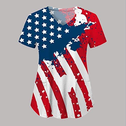 Košulje od 4. jula za žene USA zastava Ljetni kratki rukav V izrez TEE majica sa 2 džepova Bluza TOP HAULY casualwear