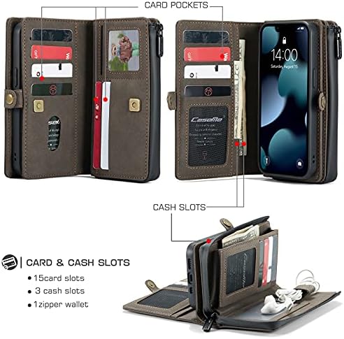 Caseme novčanik slučaj Kompatibilan sa iPhone 13, 6.1-inčni iPhone 13 slučaj, izdržljiv PU Koža Magnetic odvojivi zatvarač torbica džep preklopni poklopac za iPhone 13 slučaj sa držačem kartica za žene / muškarce, kafa