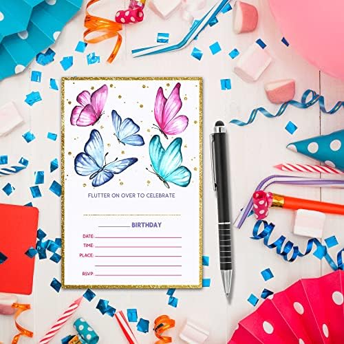 Xuoupiue Rođendanske pozivnice za djevojčice, leptir tematski rođendanski pozivnici, šarene leptir dječje rođendanske