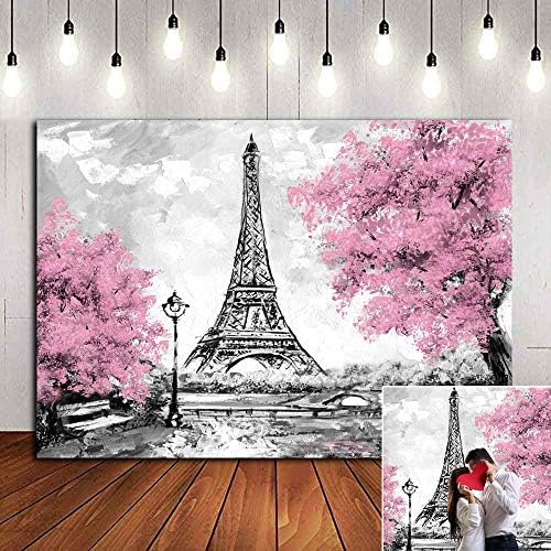 Pink grey Flowers fotografija pozadina vinil 7x5ft za djecu Pariz Eiffelova tematska Rođendanska zabava