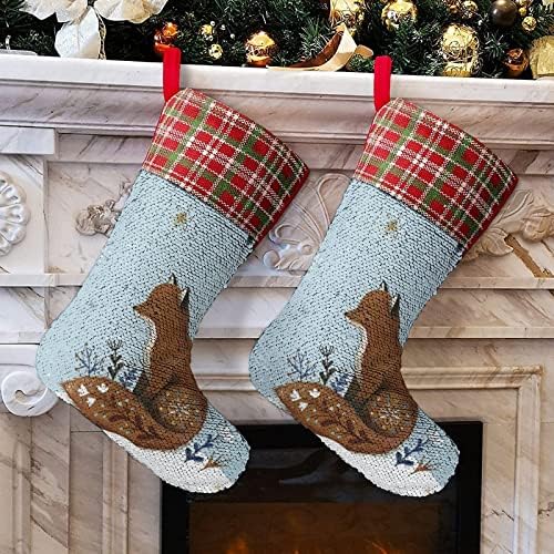 Zimska sniježna fox Sequin božićne praznične čarape Reverzibilna boja Promjena čarobnih zaliha za Xmas Tree Kamin Viseće čarape