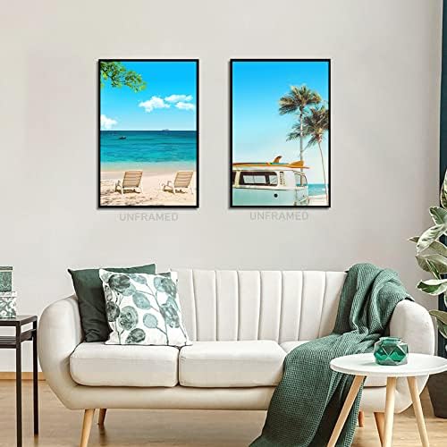 Ocean Wall Art slike na plaži stolica na plaži zid Umjetnost morski pejzaž slike okean tematski Posteri more platno Umjetnost Obalno umjetničko djelo slike Palmi zidni dekor za kupatilo 16x24 inčni Set od 2 Frameless