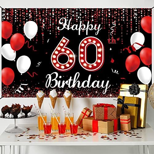 Dekoracija za 60. rođendan Baner pozadina, Happy 60th birthday dekoracije za žene, crveno crno bijelo 60 godina Rođendanska zabava Photo Booth rekviziti dvorišni znak za vanjsku unutrašnju, tkanina Vicycaty