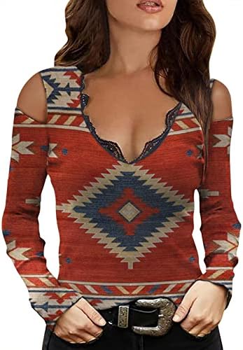 Aztec majice za žene izrez van ramena V-izrez Tunic vrhovi zapadnih etničkih grafičkih bluza s dugim rukavima
