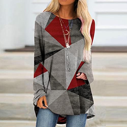 Ženske košulje za trening, Moda 2023 Tops Casual Geometry štampani pulover Dugi rukav okrugli vrat tunike Plus