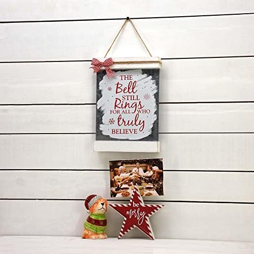 Mali božićni viseći znak, pocinčani metalni i drveni dekor sa citatama zvono i dalje zvoni za sve koji istinski vjeruju, stil seoskih kuća