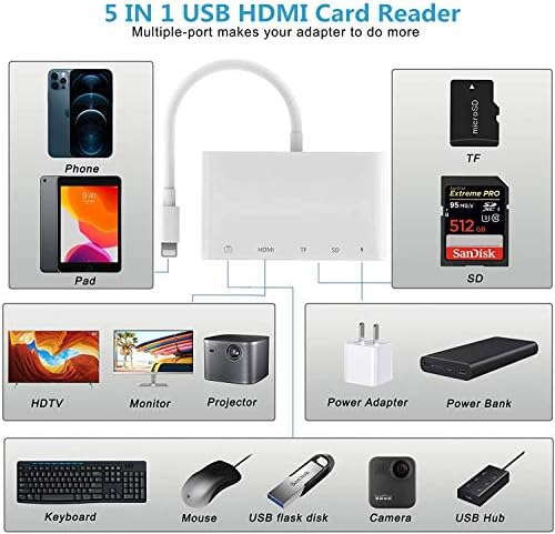 Munja do HDMI adaptera Apple MFI adapter za kameru 5 u 1 USB OTG adapter 1080p Digital AV + čitač memorije, SD & TF kartica i punjenje Port Kompatibilni iPhone / iPad / iPod i više USB uređaja