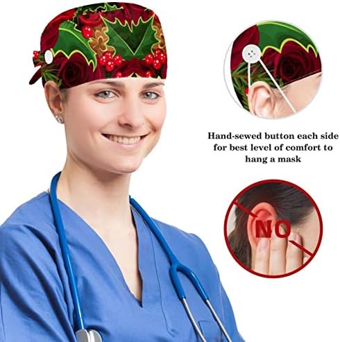 Podesiva radna kapa s tipkom, veliki bež cvjetni uzorak hirurški duks kape, vezati kape sa luknim