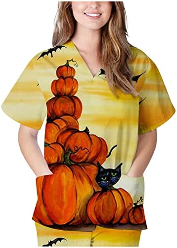 Pumpkin Scrubs Tops za žene Halloween radna odjeća uniforma slatka Print Radna bluza džepovi V-izrez kratke rukave majice