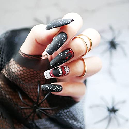 Halloween Press na noktima dugi lažni nokti Crni Halloween akrilni nokti ljepilo na noktima sjajni lažni