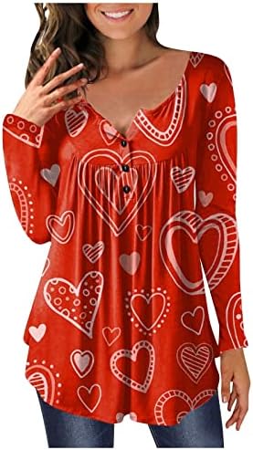 Valentines Dan Tunic Tops za žene Slatko srce Print majica s dugim rukavima Dressy Ruched bljeskalica