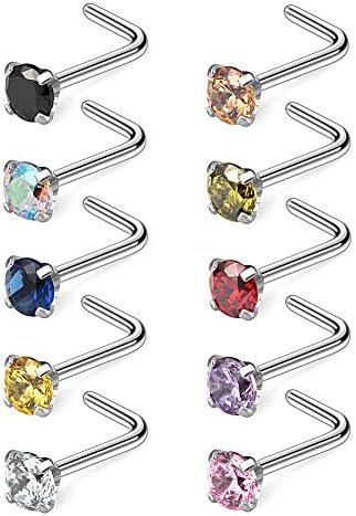 Ruifan 10-40KOM 20g hirurški Čelični dijamant CZ prstenovi za nos u obliku pirsinga u obliku slova L 1.5