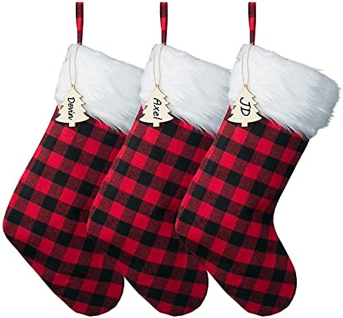Božićne čarape, 3 pakovanje 18 Big Xmas čarape, klasični bivolski crveni i crni plairani čarapi za Xmas Holiday party dekor