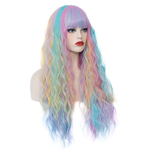WGPFWIG ženske šiške Rainbow Wig 27 inča duga kovrčava valovita kosa perika otporna na toplotu vlakna Sintetička