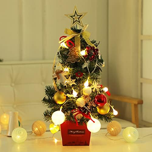 Malo božićno drvce s toplim svjetlima i visećim ukrasima, mini božićno drvce, umjetno božićno drvce za