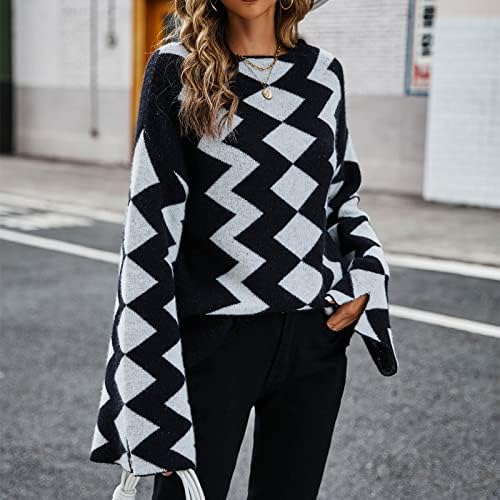 Ženske modne majice s dugim rukavima prugasti karirani štampani džemper Crewneck labavi pulover minimalistički