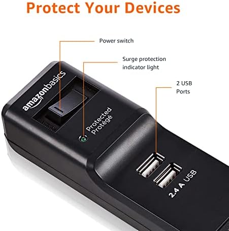Basics 6-utičnica za zaštitu od prenapona sa 2 USB porta - 1000 džula, Crna