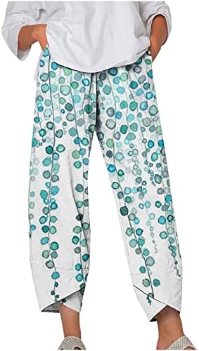 LCEPCY Capri pantalone za žene Pamučne posteljine široke noge Capris Ispis obrezane hlače Ljetna plaža elastična struka vrećaste rupe