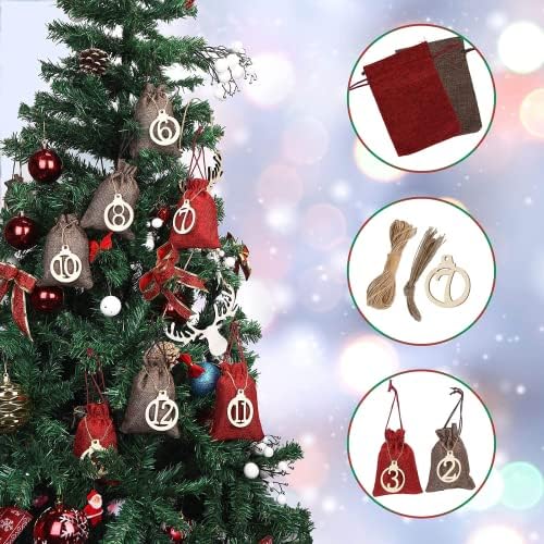 24 Božić Countdown torbe Advent Calendar, 2 boje burlap torbe sa 24 drvene naljepnice višekratna tkanina poklon