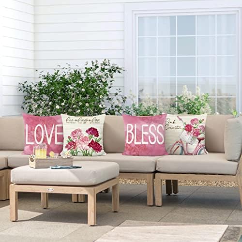 Bonhause Happy Mother Day Jastuk navlake 18x18 Set od 4 ružičaste karanfile Ljubav blesivo jastuče Soft baršun