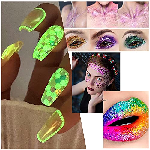 BDYJY Glow in The Dark Glitter Luminous Holographic Chunky Glitter for Resin Art Craft, Iridescent Sparkle Sequin
