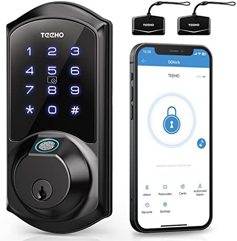 Teeho TE007 Smart Lock - zasun sa otiskom prsta-5-u - 1 Brave za ulazna vrata bez ključa sa tastaturama - Bluetooth App daljinsko upravljanje - jednostavna instalacija-IP54 vodootporan-Auto Lock-mat crna