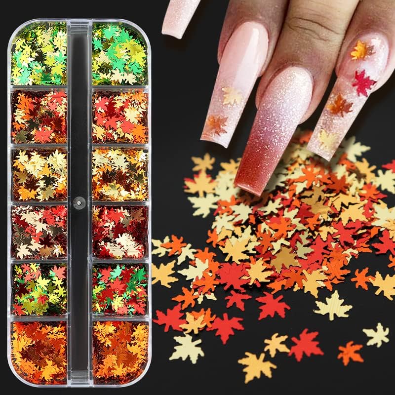 3d nail Art holografski svjetlucavi jesenji javorov list dizajn za nokte dekoracije 12 Mreža, narandžasti Javor šljokice za nokte miješane sjajne pahuljice palog lista DIY jesenji alat za dekoracije umjetnosti noktiju