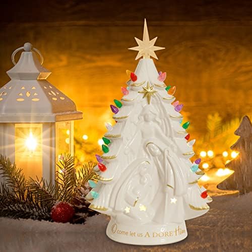 BDOR Bijelo keramičko božićno drvce, 14.6 Vintage keramičko božićno drvce sa skulptiranom božićnom scenom, keramičkim božićnim drvvom sa višebojnim svjetlima, svijetli božićno drvce za kućni dekor