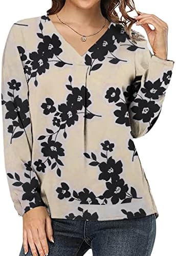 Bluze s dugim rukavima za dame Ljeto jesen duboko V izrez Spandex Ispiši labavi fit radne uniforme vrhovi majica