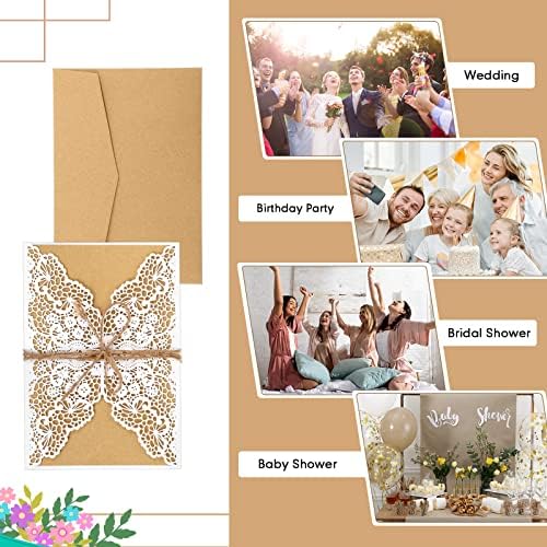 50 komada pozivnice za vjenčanje kartice Lace Flower Laser rez sa prazan unutrašnji list koverte i konoplje