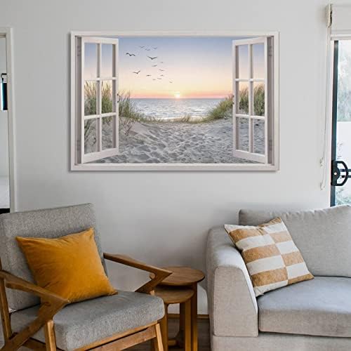 Plaža s pijeskom Dune ptice morski pejzaž pogled na prozor, stil okvira prozora moderan dizajn Kućni