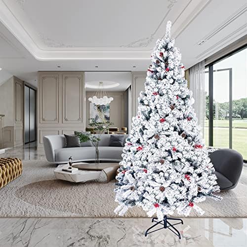 SGAVTEY 7,5FT stablo umjetnog krota, premium snijeg od snijega sa 42 borove konuse i 42 crvene bobice, bijelo božićno stablo sa 1400 vrhova grana za dom, ured, ukras za dom