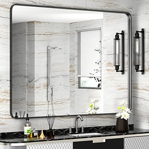 PAIHOME 30x40-inčni mat crni kupatilo-ispraznost-ogledalo za zid, 304 ogledala za kupatilo od nerđajućeg čelika, zaobljeni ugao pravougaonik seoske kuće ogledalo, vertikalno ili horizontalno viseće moderno ogledalo