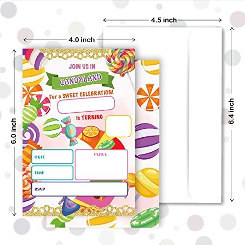 Huyaw Candyland Rođendanska pozivnica 25 Pakovanje 4 X 6 kartice, slatkiša slatki proslavi rođendani za rođendan i koverte za dječake dječje djece, rođendan bombona pozivnice