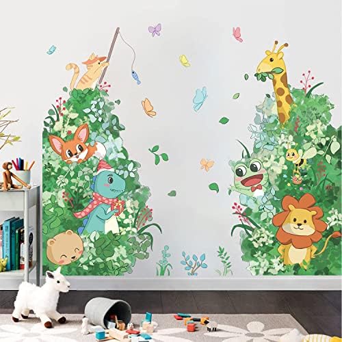 Supzone džungle zidne naljepnice crtani zid zida žirafe lav medvjed zelene biljke listovni zidni umjetnička naljepnica za djecu za djecu Dječji vrtić igraonica Dječji dječak Dječji zidni dekor