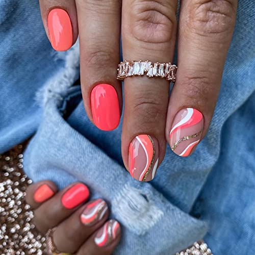 Pink Press na noktima kratki lažni nokti slatki lažni nokti sa dizajnom Zlatni bijeli ružičasti talasi akrilni nokti kratki štap na noktima puni poklopac umjetni lažni nokti sjajni kratki ljepilo na noktima za žene djevojke