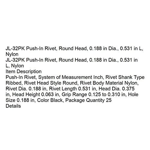 Zamjena zakovica JL-32PK, okrugla glava, 0.188 u Dia, 0.531 u l, najlon