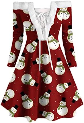 Božićna haljina za žene seksi od ramena Pertlanje V vrat baršunasta haljina Božić pahuljica grafički
