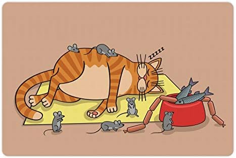 Ambesonne mačka i miš za kućne ljubimce Mat za hranu i vodu, šareni crtani slika velikog lijeni životinja