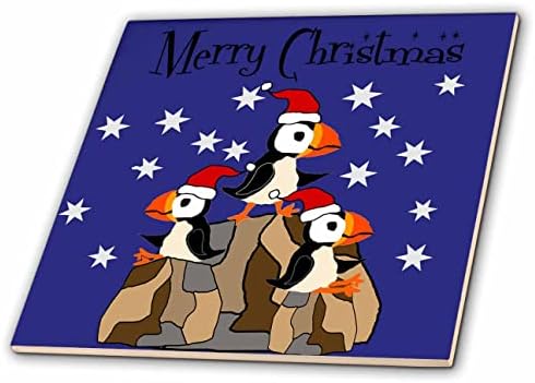 3drose smiješne slatke Puffin ptice na stijenama u Santa šeširima Božić primitivna umjetnost-pločice