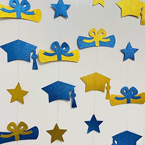 Glittery Mornary plavi i zlatni ukrasni baneri Streameri sa maturnim šeširom, diplomom i zvijezdama - pozadinski vijen za zalihe mature
